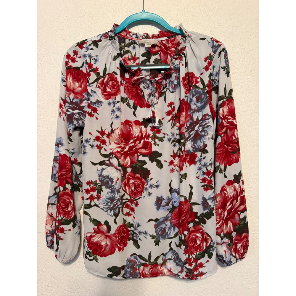 Loft Outlet Floral Ruffle Tie Neck Blouse Red Blue Roses Small Long Sleeve Top